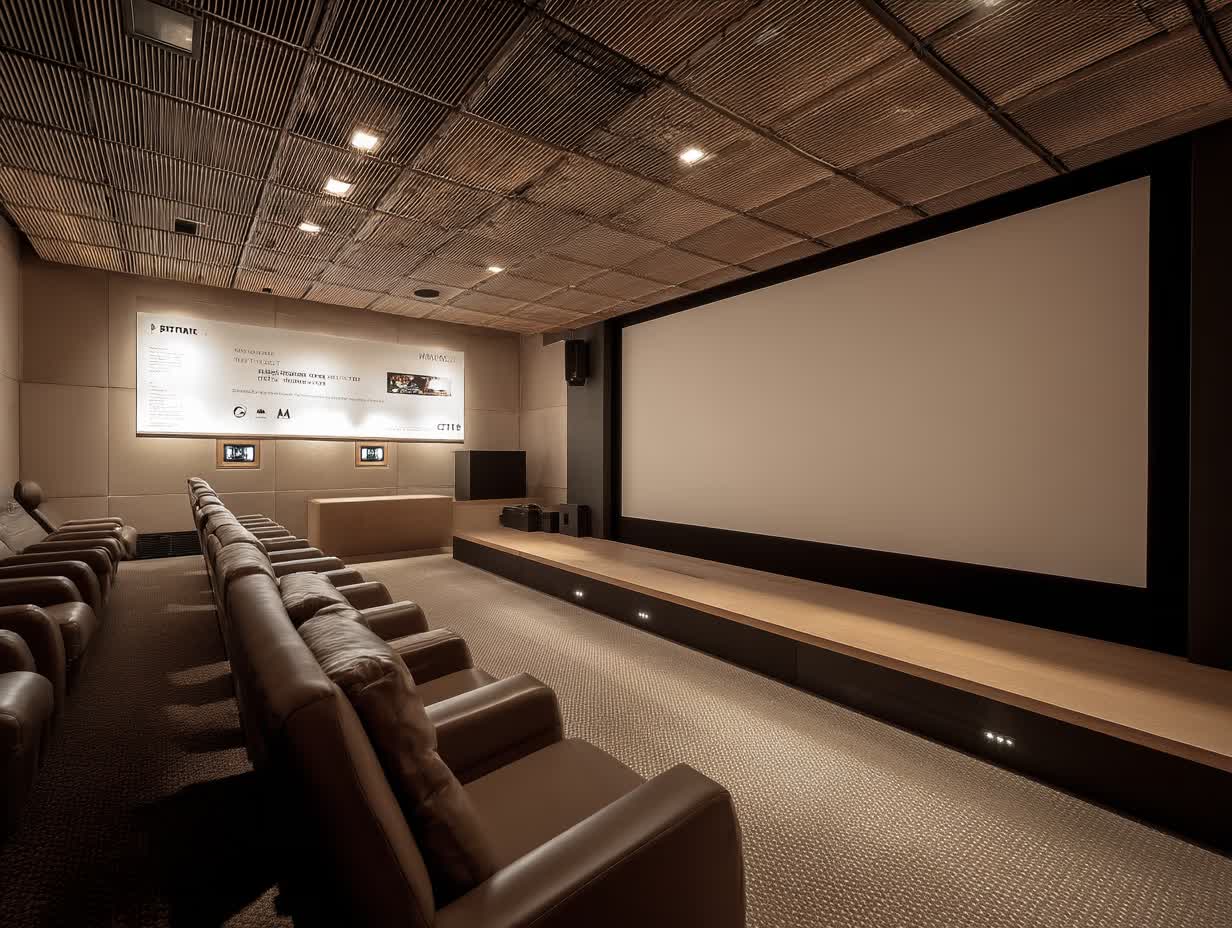 Large projection screen rental setup in NYC with massive truss-mounted display system for corporate event