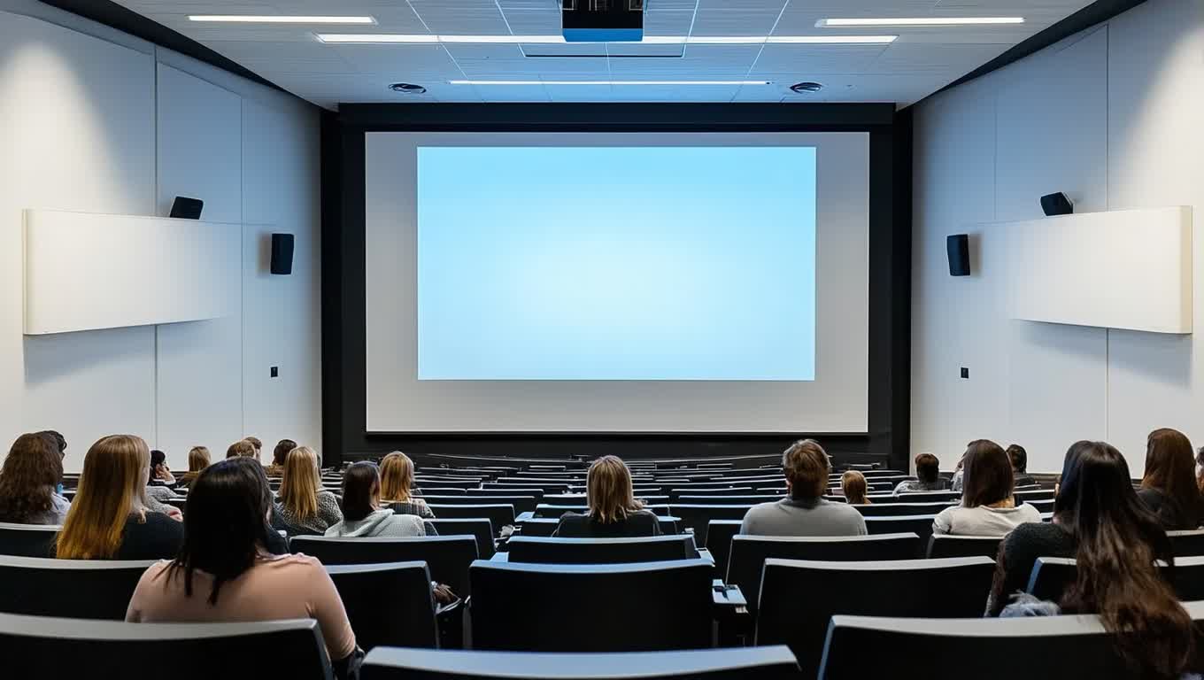 Custom projection screen rental installation in unique NYC venue showing adaptive mounting system for challenging architectural space